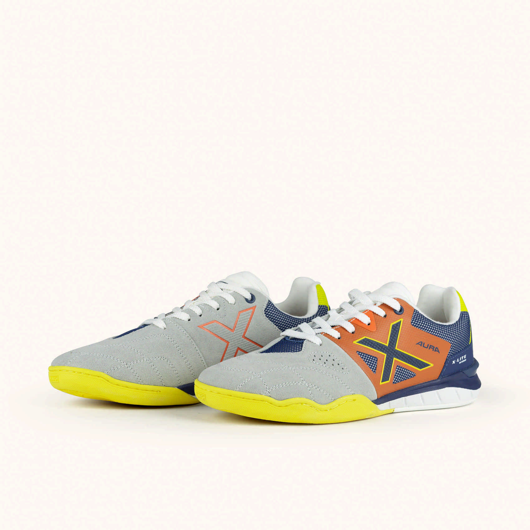 Futsal shoes Grey, Orange, Navy Blue and Neon Yellow | MUNICH AURA 01